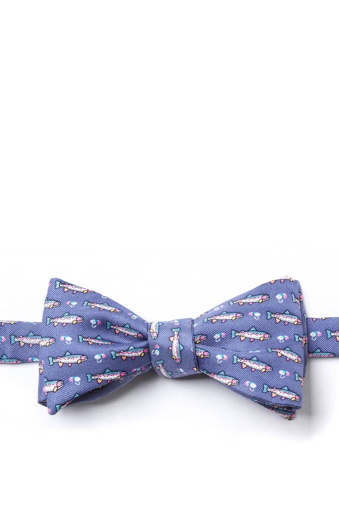 Trout and Fly Self Bow Ties -  Blue Silk