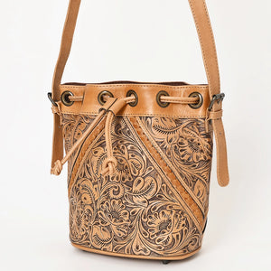 Hand-Tooled Leather Bucket Tote-Brown