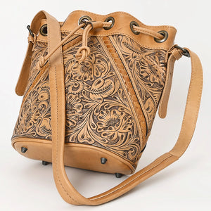 Hand-Tooled Leather Bucket Tote-Brown