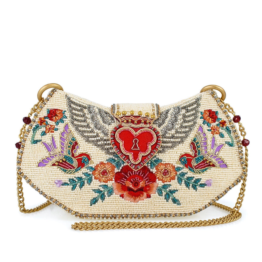 Mary Frances Keepsake Beaded Heart Wings and Lock Crossbody Handbag