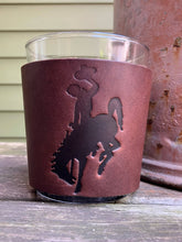 Load image into Gallery viewer, Leather Wrapped Whiskey Glass - Bucking Horse and Rider
